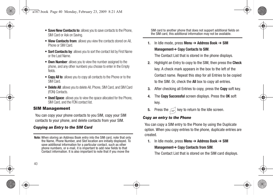 Sim management | Samsung SGH-A167ZOAATT User Manual | Page 44 / 108