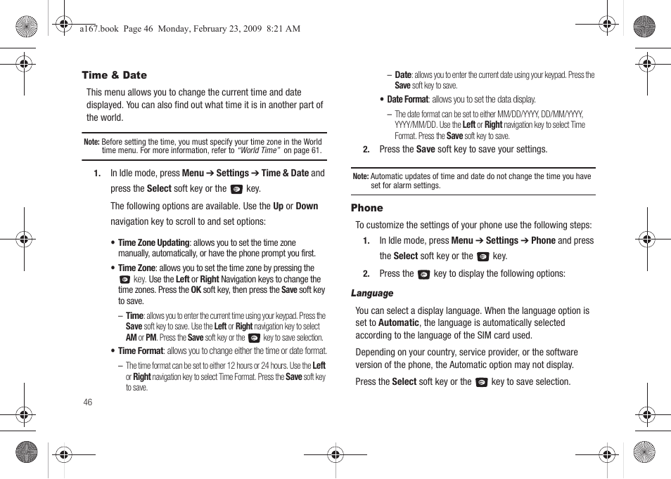 Time & date, Phone, Time & date phone | Samsung SGH-A167ZOAATT User Manual | Page 50 / 108