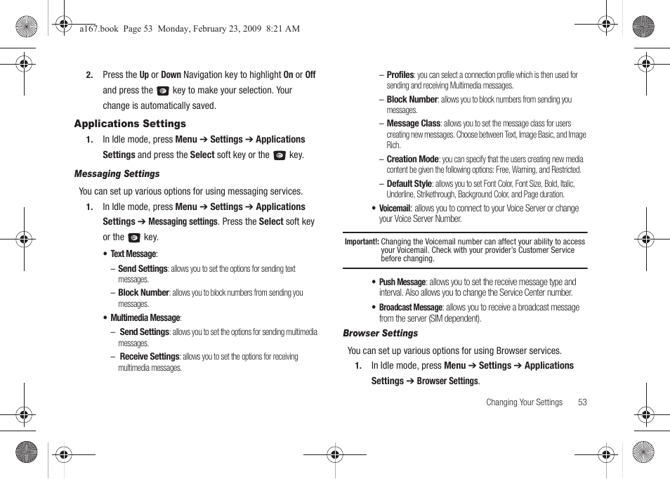 Applications settings | Samsung SGH-A167ZOAATT User Manual | Page 57 / 108