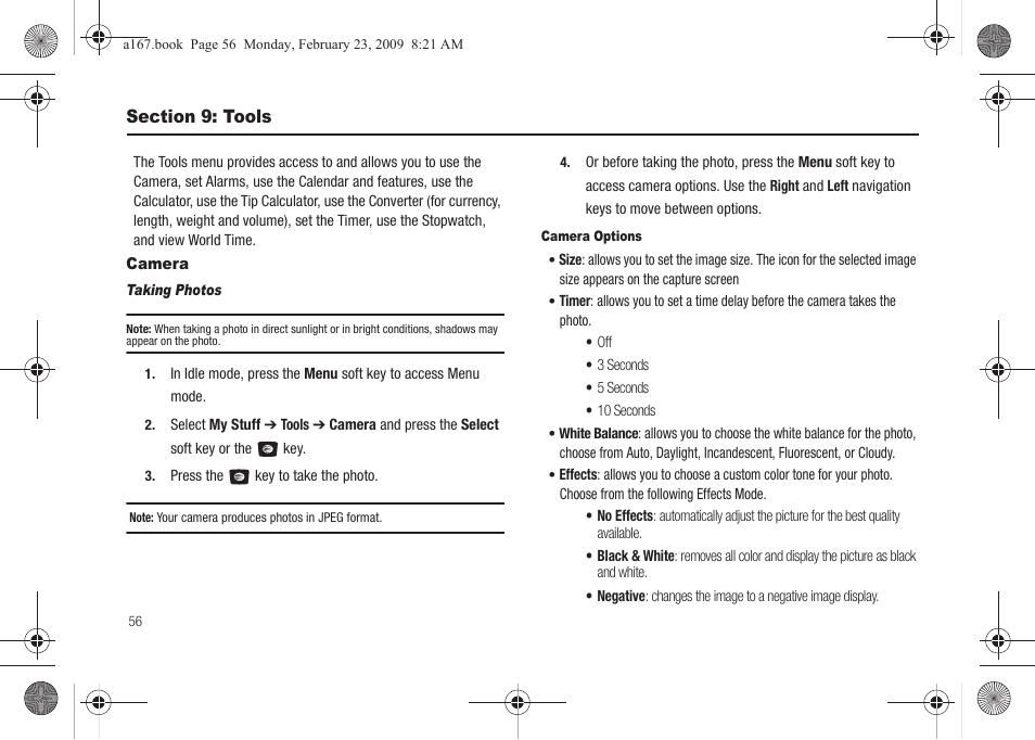 Section 9: tools, Camera | Samsung SGH-A167ZOAATT User Manual | Page 60 / 108