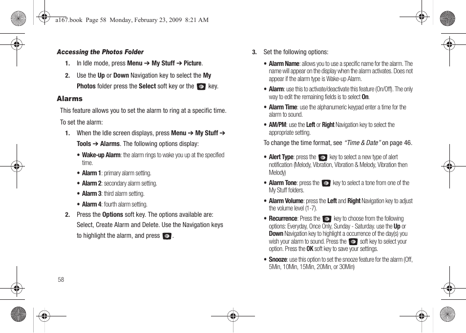 Alarms | Samsung SGH-A167ZOAATT User Manual | Page 62 / 108