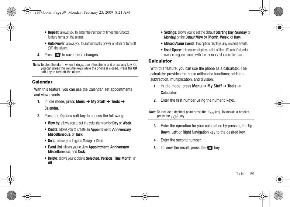 Calendar, Calculator, Calendar calculator | Samsung SGH-A167ZOAATT User Manual | Page 63 / 108