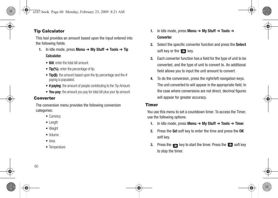 Tip calculator, Converter, Timer | Tip calculator converter timer | Samsung SGH-A167ZOAATT User Manual | Page 64 / 108