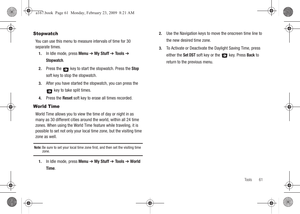 Stopwatch, World time, Stopwatch world time | Samsung SGH-A167ZOAATT User Manual | Page 65 / 108