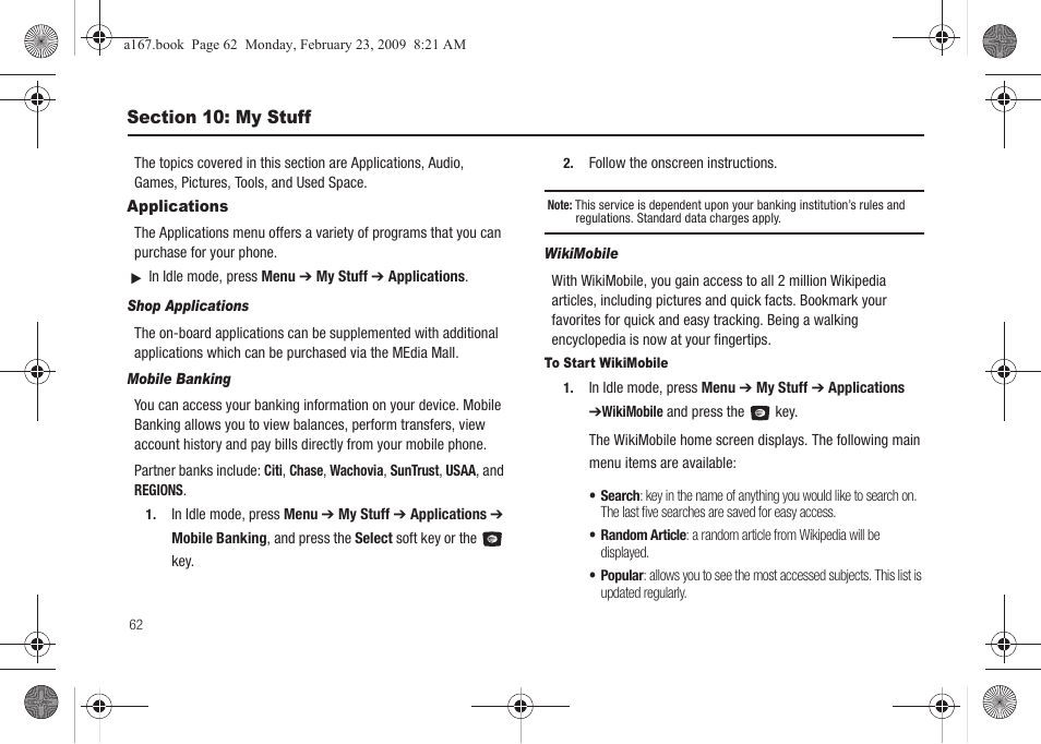 Section 10: my stuff, Applications | Samsung SGH-A167ZOAATT User Manual | Page 66 / 108