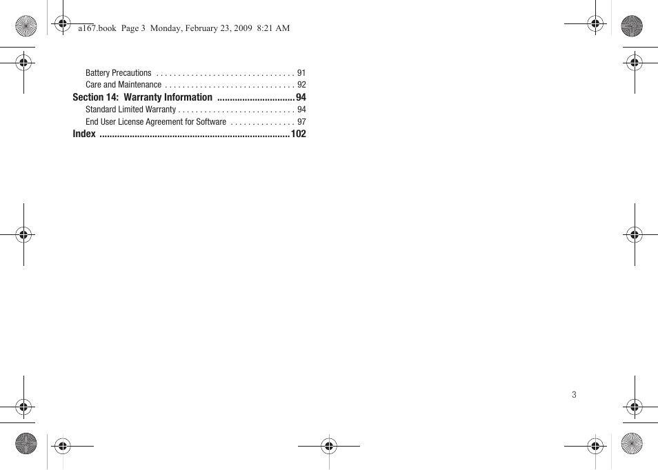 Section 14: warranty information 94 | Samsung SGH-A167ZOAATT User Manual | Page 7 / 108