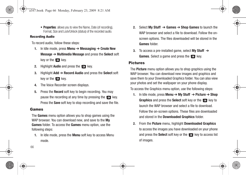 Games, Pictures, Games pictures | Audio, see “recording | Samsung SGH-A167ZOAATT User Manual | Page 70 / 108
