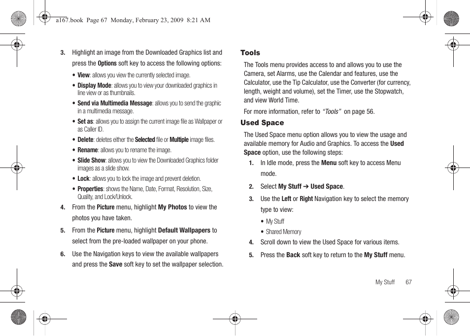 Tools, Used space, Tools used space | Samsung SGH-A167ZOAATT User Manual | Page 71 / 108