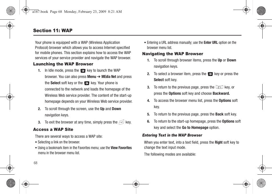 Section 11: wap, Launching the wap browser, Access a wap site | Navigating the wap browser | Samsung SGH-A167ZOAATT User Manual | Page 72 / 108