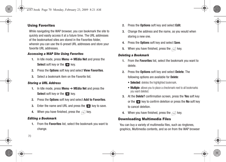 Using favorites, Downloading multimedia files, Using favorites downloading multimedia files | Samsung SGH-A167ZOAATT User Manual | Page 74 / 108