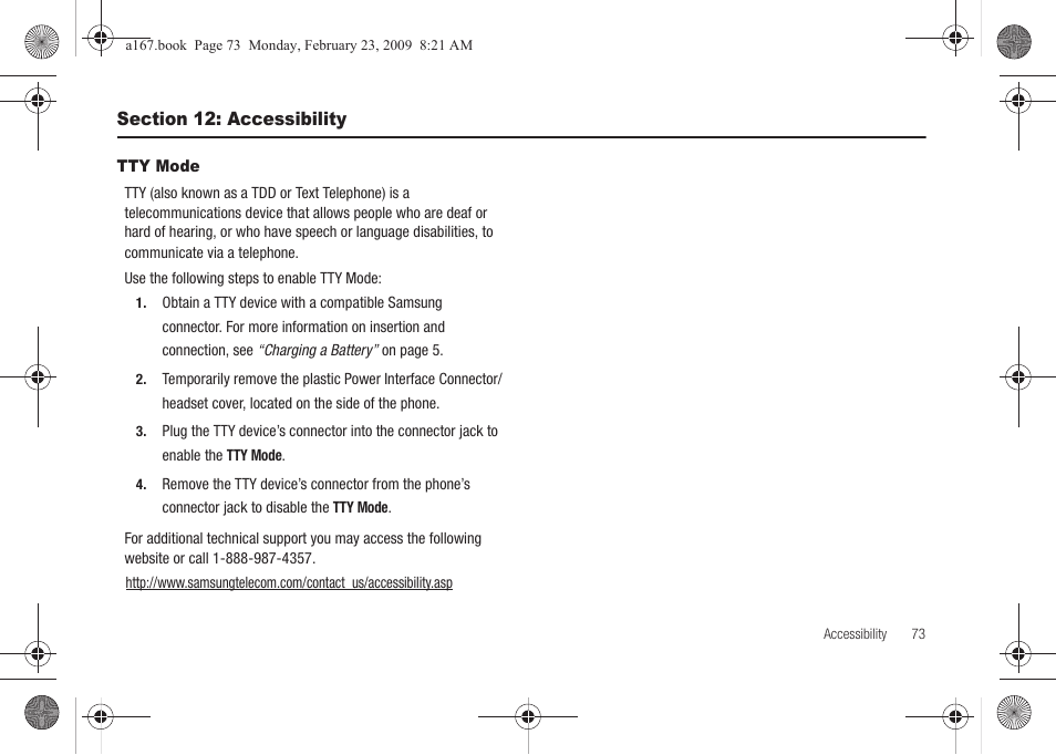 Section 12: accessibility, Tty mode | Samsung SGH-A167ZOAATT User Manual | Page 77 / 108