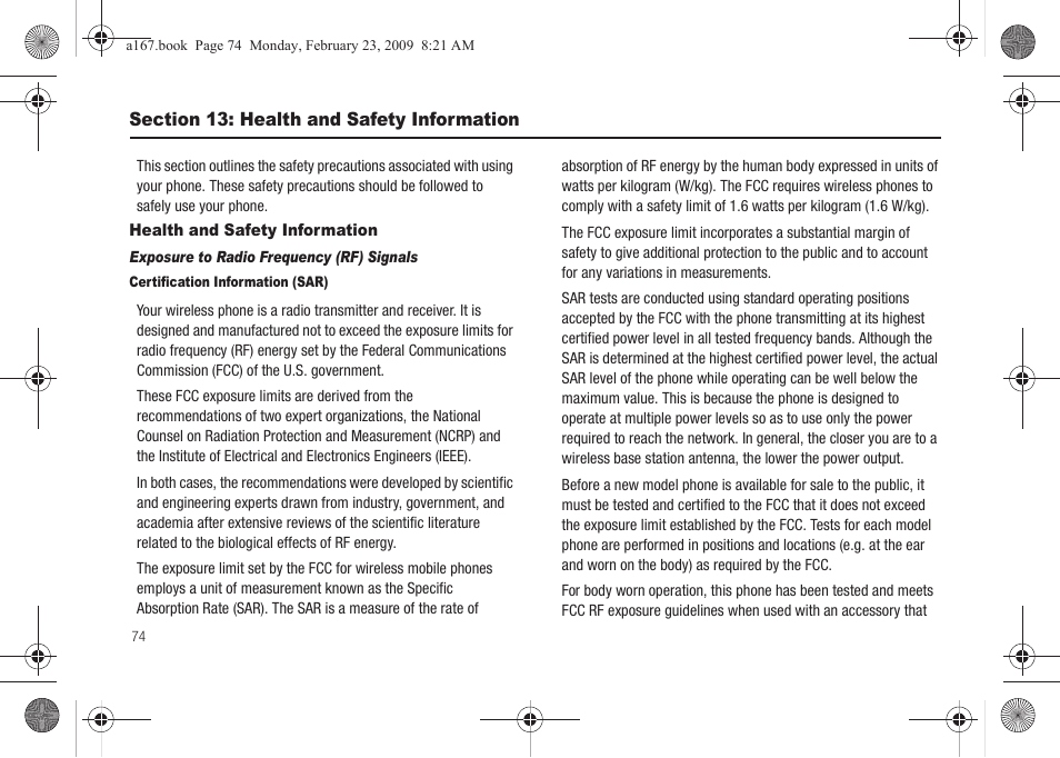 Section 13: health and safety information, Health and safety information | Samsung SGH-A167ZOAATT User Manual | Page 78 / 108