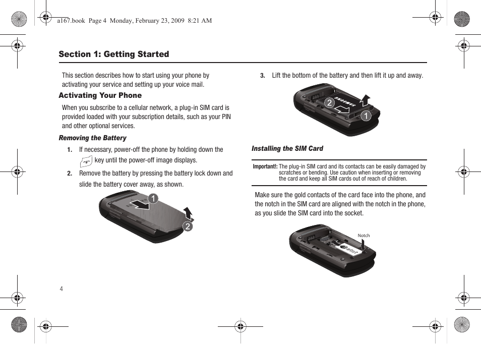 Section 1: getting started, Activating your phone | Samsung SGH-A167ZOAATT User Manual | Page 8 / 108