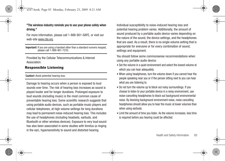 Responsible listening | Samsung SGH-A167ZOAATT User Manual | Page 87 / 108