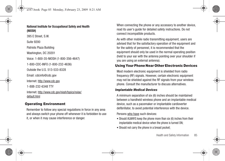 Operating environment, Using your phone near other electronic devices | Samsung SGH-A167ZOAATT User Manual | Page 89 / 108