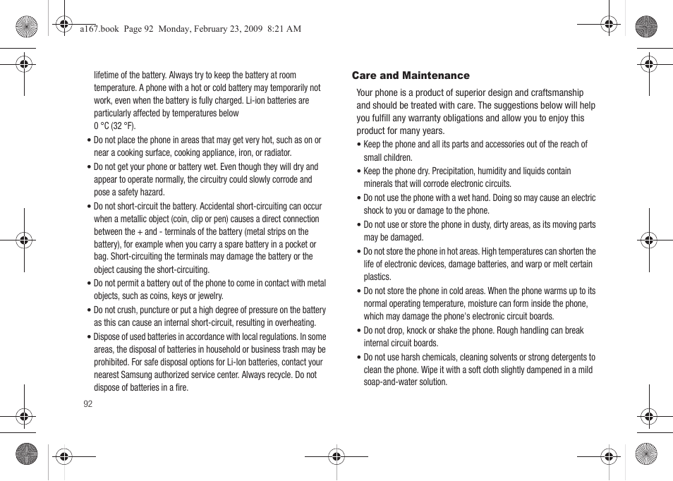 Care and maintenance | Samsung SGH-A167ZOAATT User Manual | Page 96 / 108