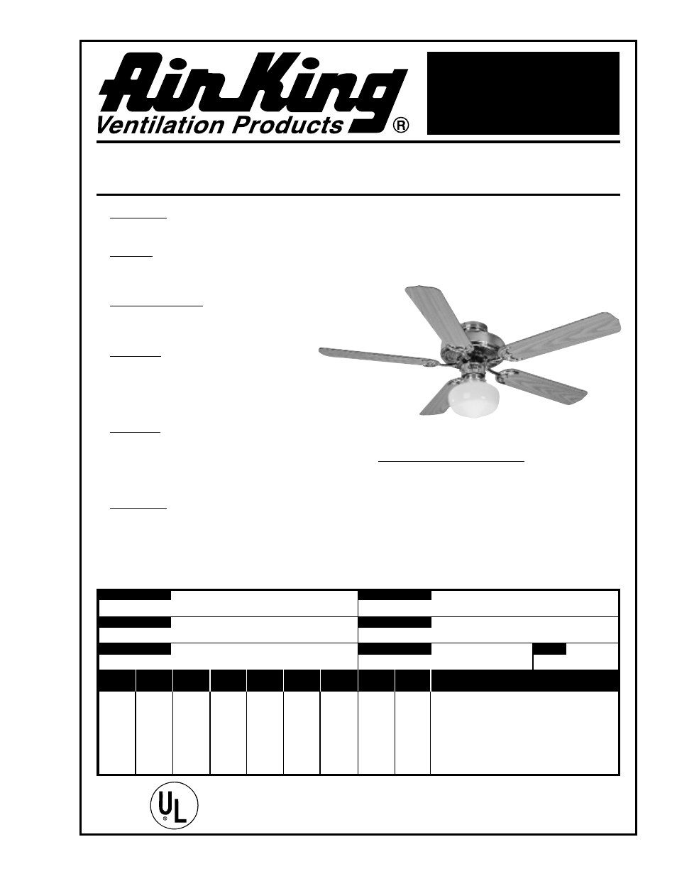 Air King Ceiling Fan with Light User Manual | 1 page