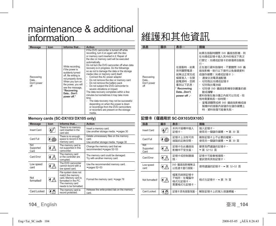 Maintenance & additional information, 維護和其他資訊 | Samsung SC-DX103-XAP User Manual | Page 110 / 120