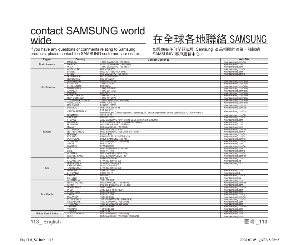 Contact samsung world wide 在全球各地聯絡 samsung, 如果您有任何問題或與 samsung 產品相關的建議，請聯絡 samsung 客戶服務中心 | Samsung SC-DX103-XAP User Manual | Page 119 / 120