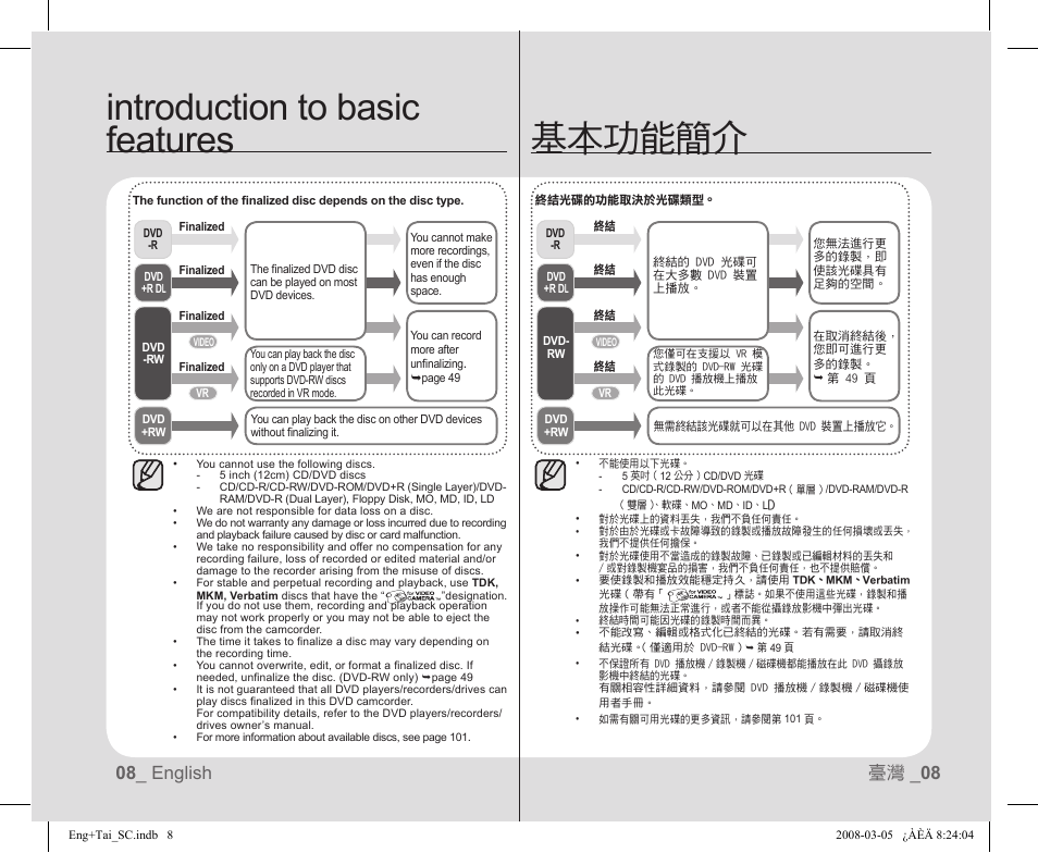 Introduction to basic features, 基本功能簡介, 08 _ english 臺灣 _ 08 | Samsung SC-DX103-XAP User Manual | Page 14 / 120