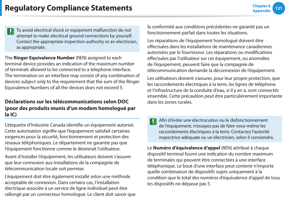 Regulatory compliance statements | Samsung NP550P5C-A02UB User Manual | Page 122 / 138