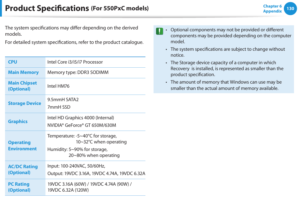 Product specifications (for 550pxc models), Product specifications, For 550pxc models) | Samsung NP550P5C-A02UB User Manual | Page 131 / 138