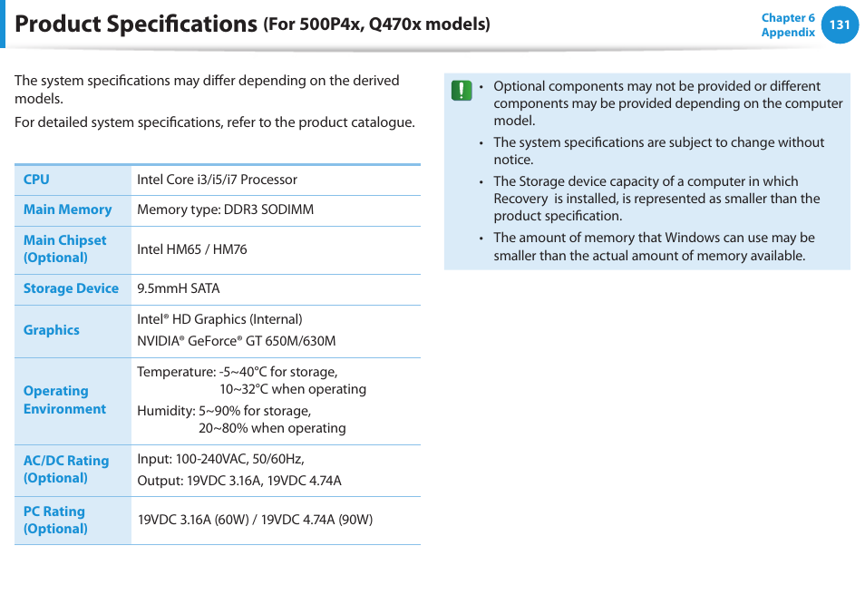 Product specifications (for 500p4x, q470x models), Product specifications (for 500p4x, q470x, Models) | Product specifications, For 500p4x, q470x models) | Samsung NP550P5C-A02UB User Manual | Page 132 / 138