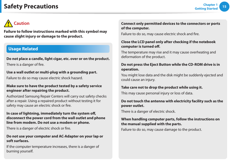 Safety precautions, Usage related, Caution | Samsung NP550P5C-A02UB User Manual | Page 16 / 138