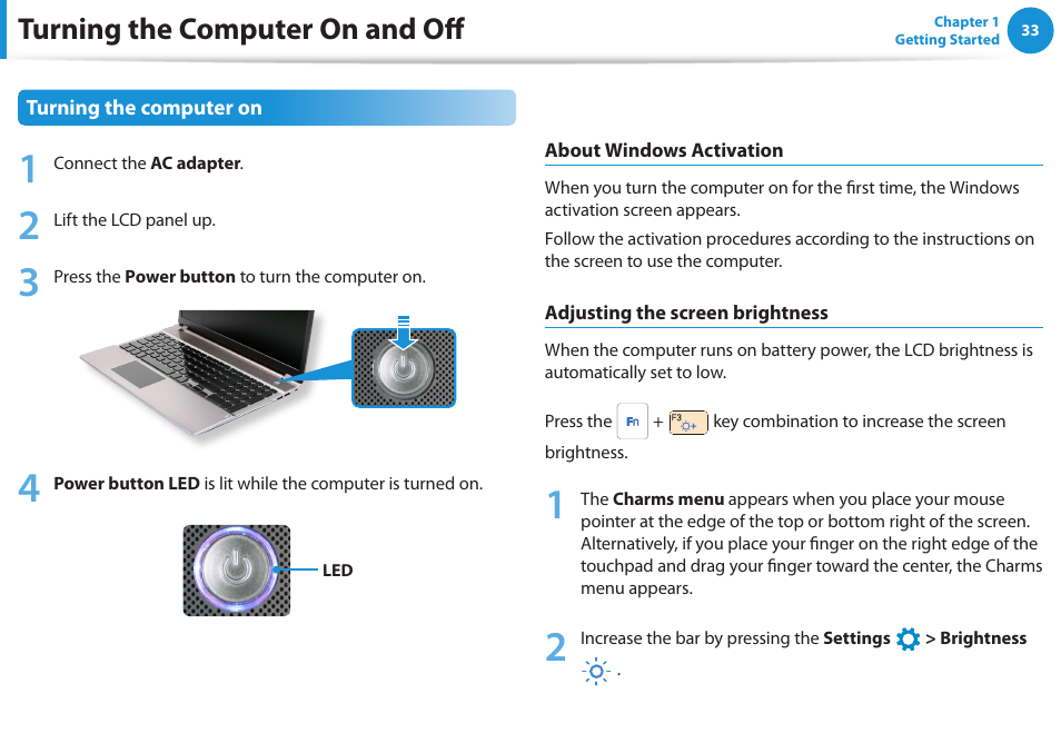 Turning the computer on and off | Samsung NP550P5C-A02UB User Manual | Page 34 / 138