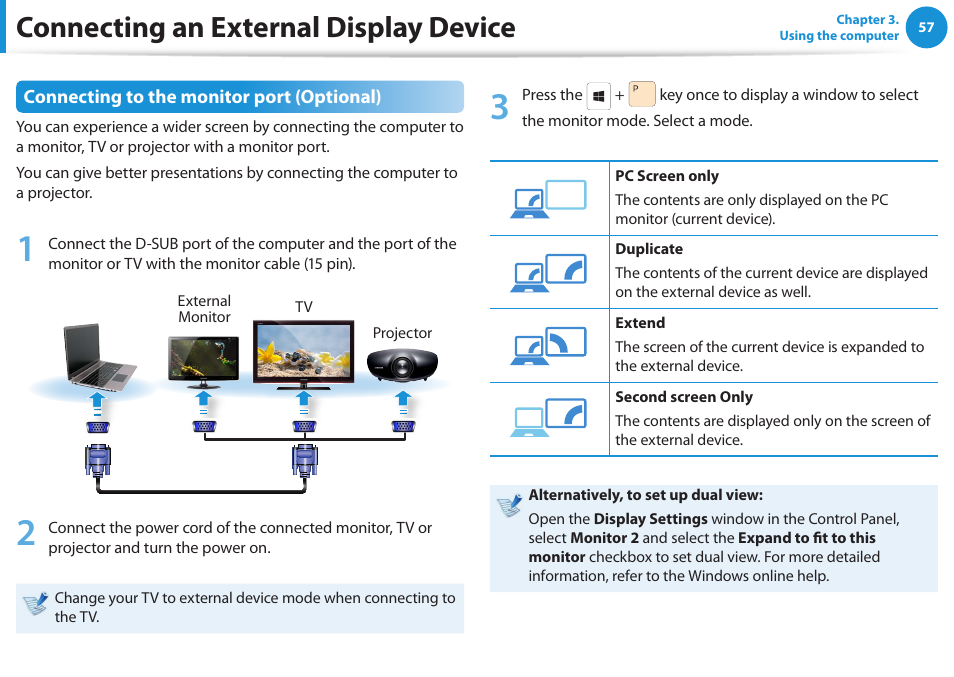 Connecting an external display device | Samsung NP550P5C-A02UB User Manual | Page 58 / 138