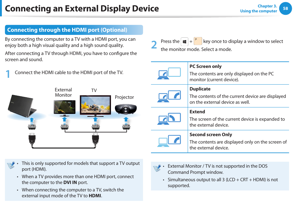 Connecting an external display device | Samsung NP550P5C-A02UB User Manual | Page 59 / 138