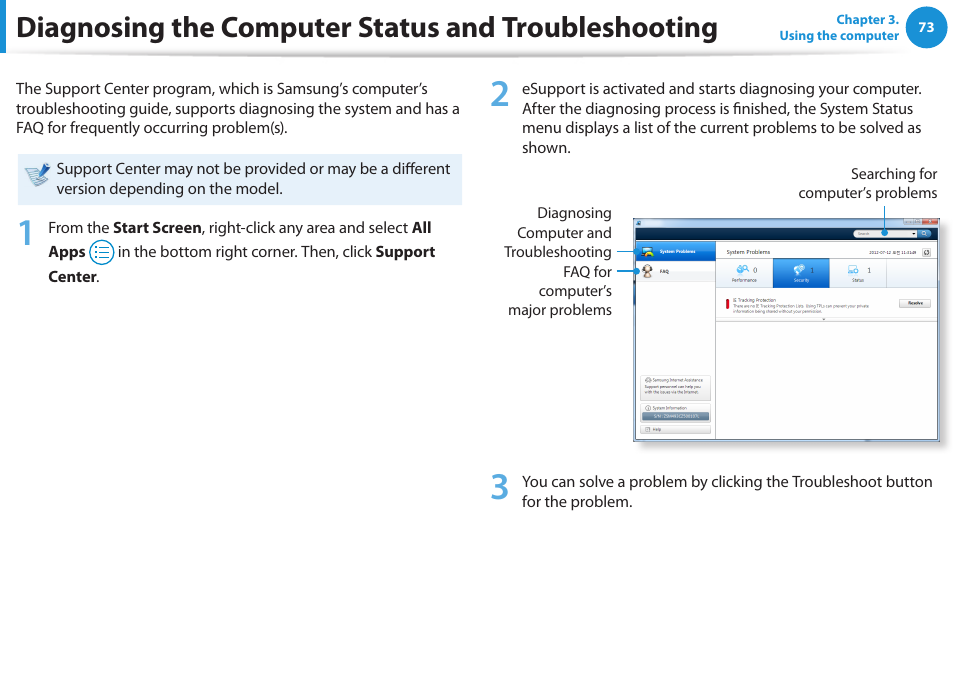 Diagnosing the computer status and troubleshooting, Diagnosing the computer status and, Troubleshooting | Samsung NP550P5C-A02UB User Manual | Page 74 / 138