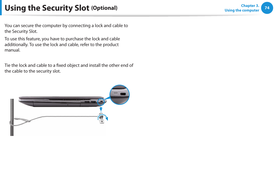 Using the security slot (optional), Using the security slot | Samsung NP550P5C-A02UB User Manual | Page 75 / 138