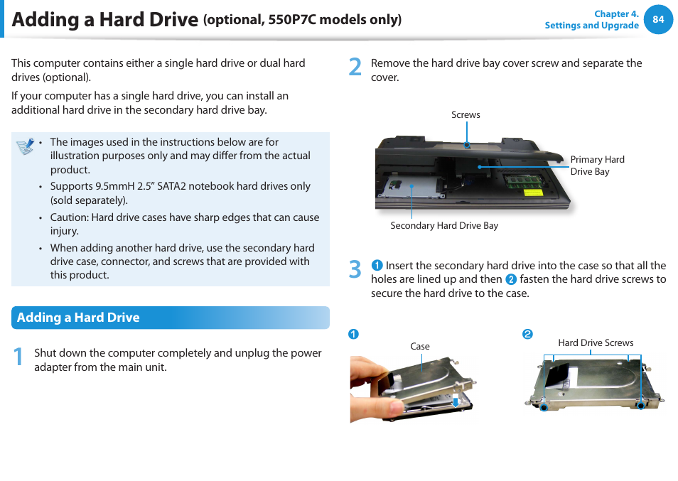 Adding a hard drive (optional, 550p7c models only), Adding a hard drive (optional, 550p7c models, Only) | Adding a hard drive, Optional, 550p7c models only) | Samsung NP550P5C-A02UB User Manual | Page 85 / 138