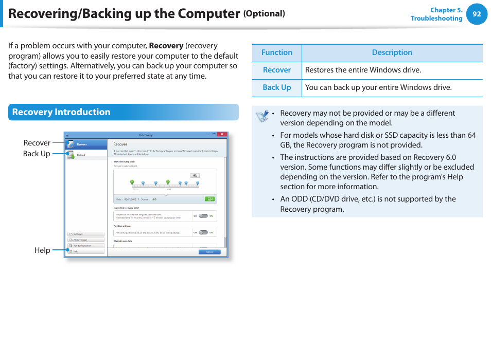 Recovering/backing up the computer (optional), Recovering/backing up the computer (optional) 92, Recovering/backing up the computer | Samsung NP550P5C-A02UB User Manual | Page 93 / 138