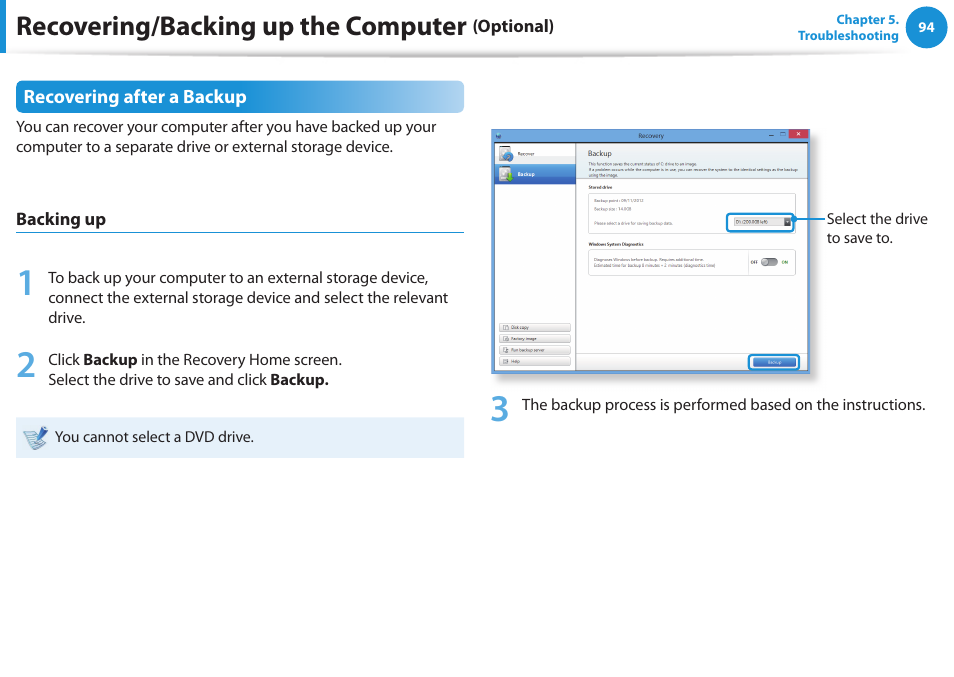 Recovering/backing up the computer | Samsung NP550P5C-A02UB User Manual | Page 95 / 138