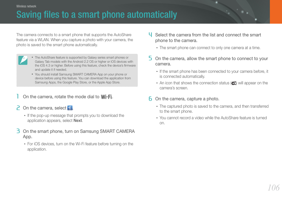 Saving files to a smart phone automatically, Saving ﬁles to a smart phone automatically | Samsung EV-NX1000BJPUS User Manual | Page 107 / 182
