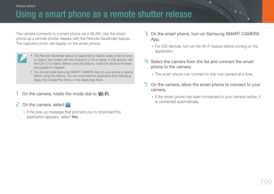Using a smart phone as a remote shutter release | Samsung EV-NX1000BJPUS User Manual | Page 110 / 182