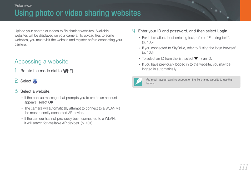 Using photo or video sharing websites, Accessing a website | Samsung EV-NX1000BJPUS User Manual | Page 112 / 182