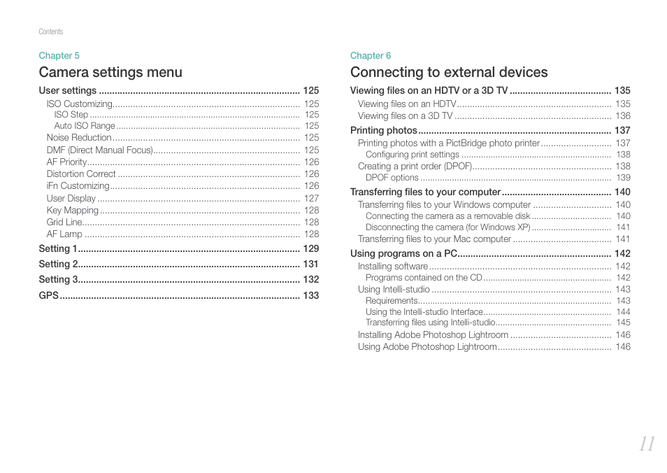 Connecting to external devices, Camera settings menu | Samsung EV-NX1000BJPUS User Manual | Page 12 / 182