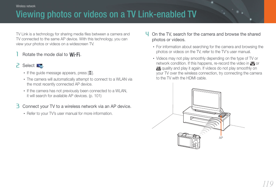 Viewing photos or videos on a tv link-enabled tv | Samsung EV-NX1000BJPUS User Manual | Page 120 / 182