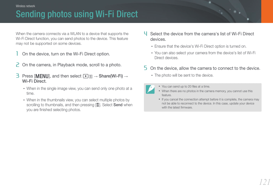 Sending photos using wi-fi direct | Samsung EV-NX1000BJPUS User Manual | Page 122 / 182
