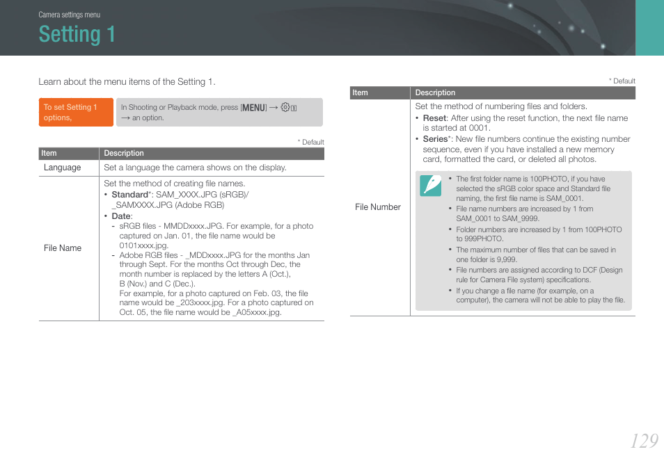 Setting 1 | Samsung EV-NX1000BJPUS User Manual | Page 130 / 182