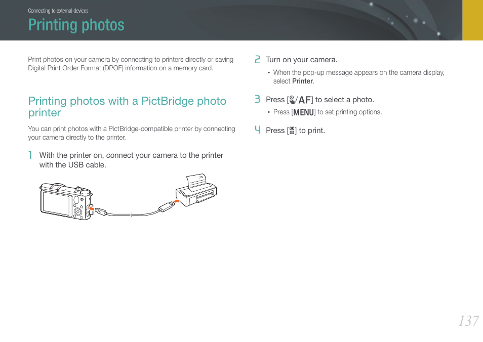Printing photos, Printing photos with a pictbridge photo printer | Samsung EV-NX1000BJPUS User Manual | Page 138 / 182