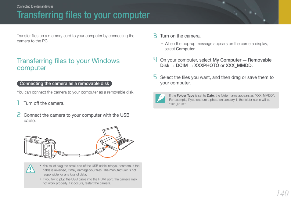 Transferring files to your computer, Transferring files to your windows computer, Connecting the camera as a removable disk | Transferring ﬁles to your computer, Transferring ﬁles to your windows computer | Samsung EV-NX1000BJPUS User Manual | Page 141 / 182