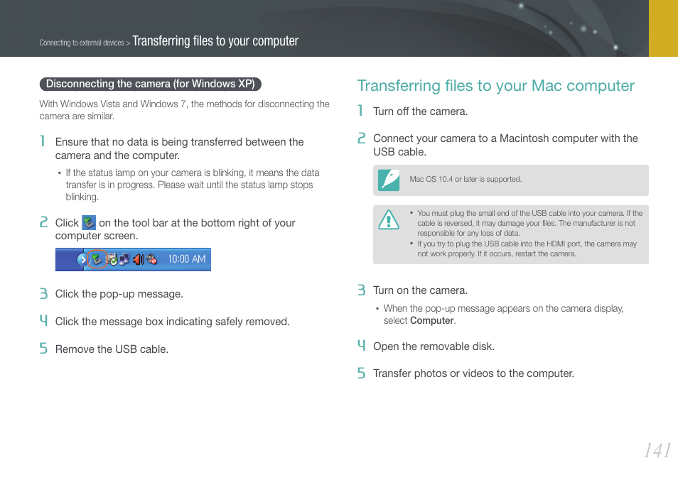 Disconnecting the camera (for windows xp), Transferring files to your mac computer, Transferring ﬁles to your mac computer | Samsung EV-NX1000BJPUS User Manual | Page 142 / 182