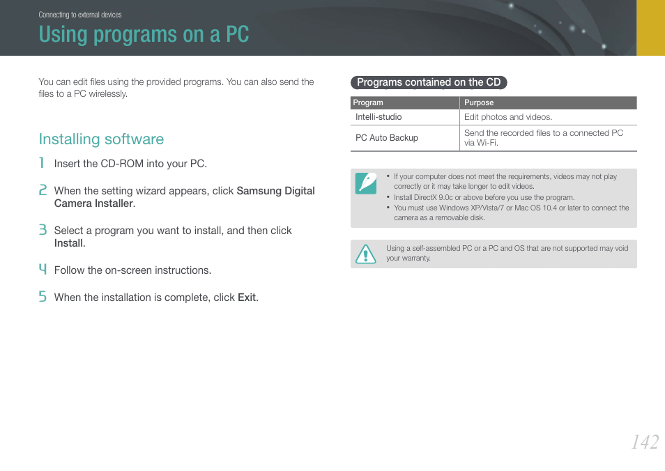 Using programs on a pc, Installing software, Programs contained on the cd | Samsung EV-NX1000BJPUS User Manual | Page 143 / 182