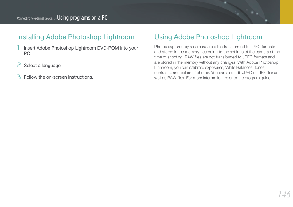 Installing adobe photoshop lightroom, Using adobe photoshop lightroom | Samsung EV-NX1000BJPUS User Manual | Page 147 / 182