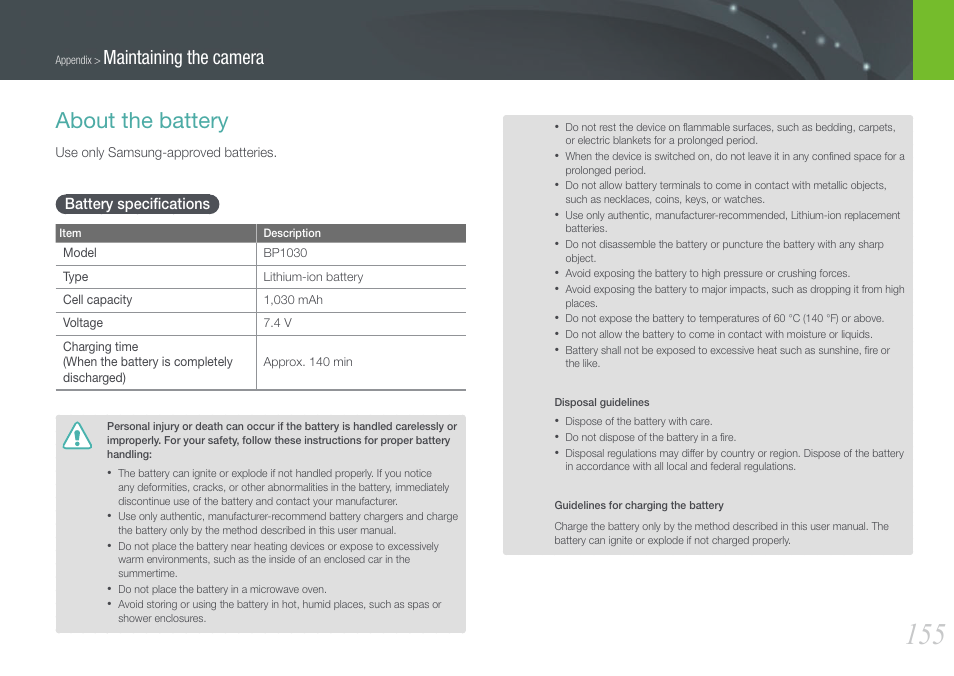 About the battery, Battery specifications, Battery speciﬁcations | Maintaining the camera | Samsung EV-NX1000BJPUS User Manual | Page 156 / 182