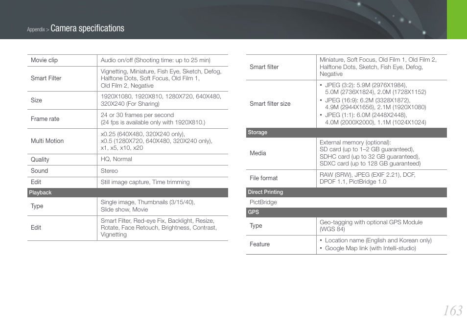 Camera speciﬁcations | Samsung EV-NX1000BJPUS User Manual | Page 164 / 182